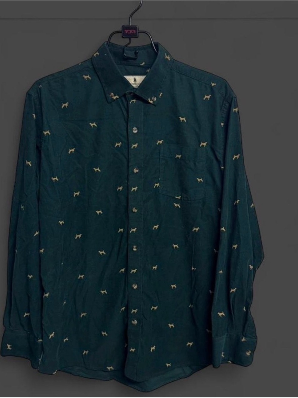 Men's Dark Teal Long-Sleeve Button-Down Shirt with Dog Print